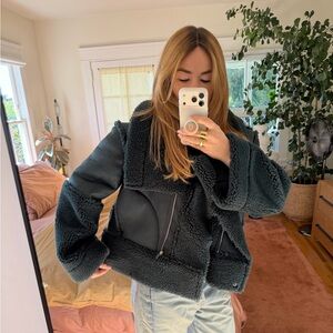 Saint Art New York | Marlise Faux Shearling Moto Jacket in Bottle Green